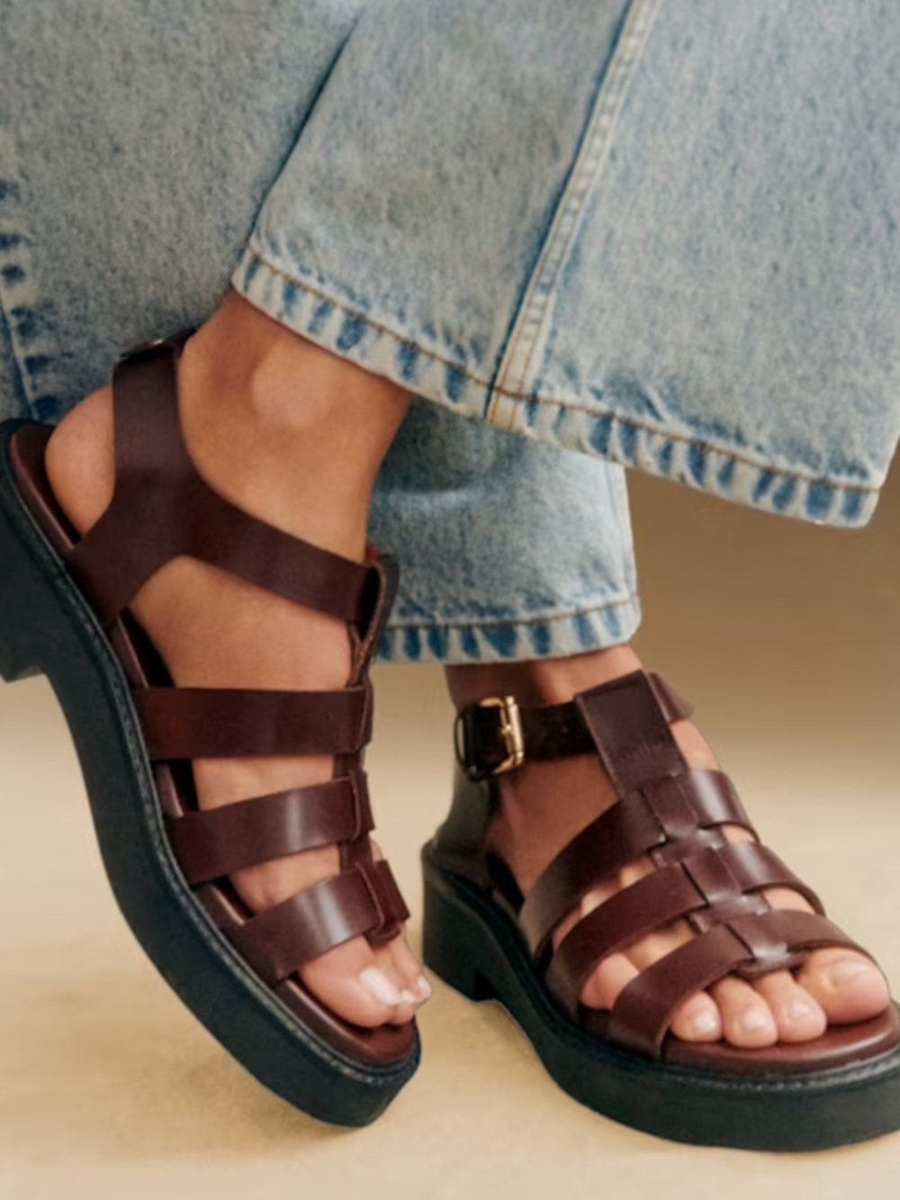 Sezane Brown Strappy Leather Platform Sandals